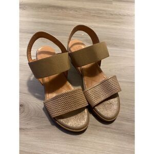 Hispanita, women's tan open toed, ankle strap wedged heel sandal size 38